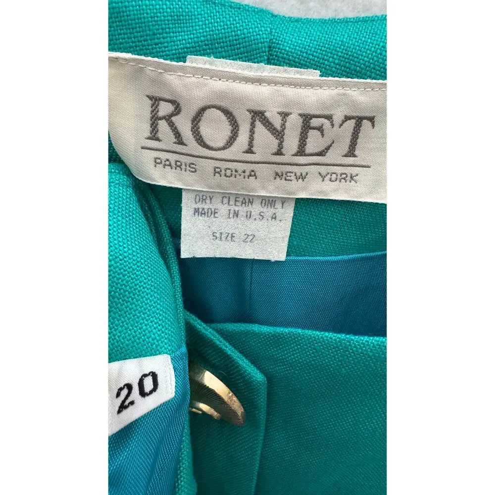 1990s Ronet Turquoise Linen Pant Set USA Women’s XL Plus Size